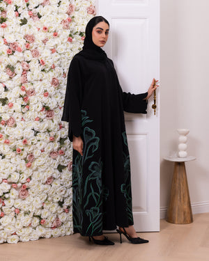 Indonesia Jet Black Barbie with Green Flower Embroidery on Side Abaya