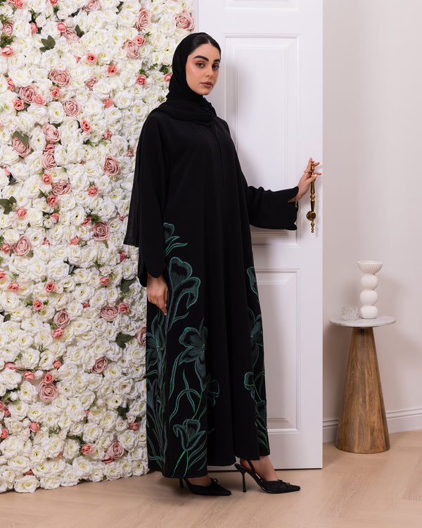 Indonesia Jet Black Barbie with Green Flower Embroidery on Side Abaya