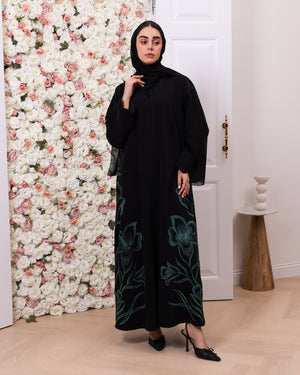 Indonesia Jet Black Barbie with Green Flower Embroidery on Side Abaya