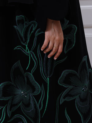 Indonesia Jet Black Barbie with Green Flower Embroidery on Side Abaya