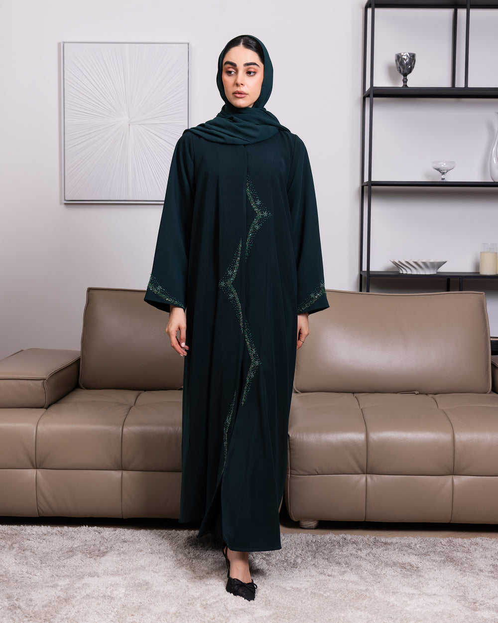 Korea Magic Green Barbie with Beadwork on Front Abaya