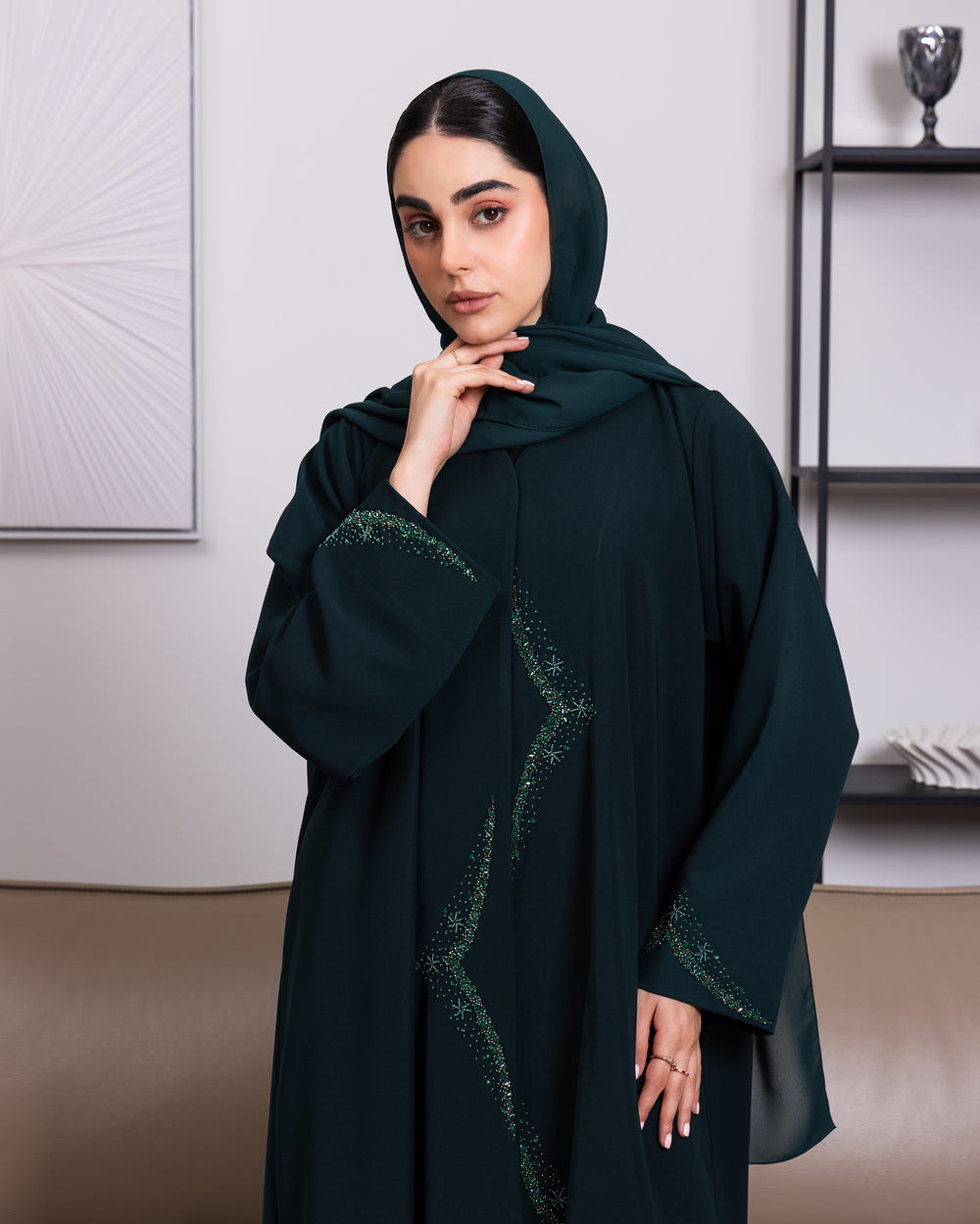 Korea Magic Green Barbie with Beadwork on Front Abaya