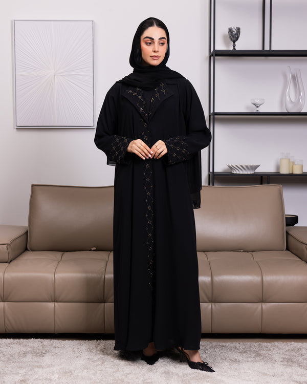 Korea Jet Black Barbie with Golden Beadwork Abaya