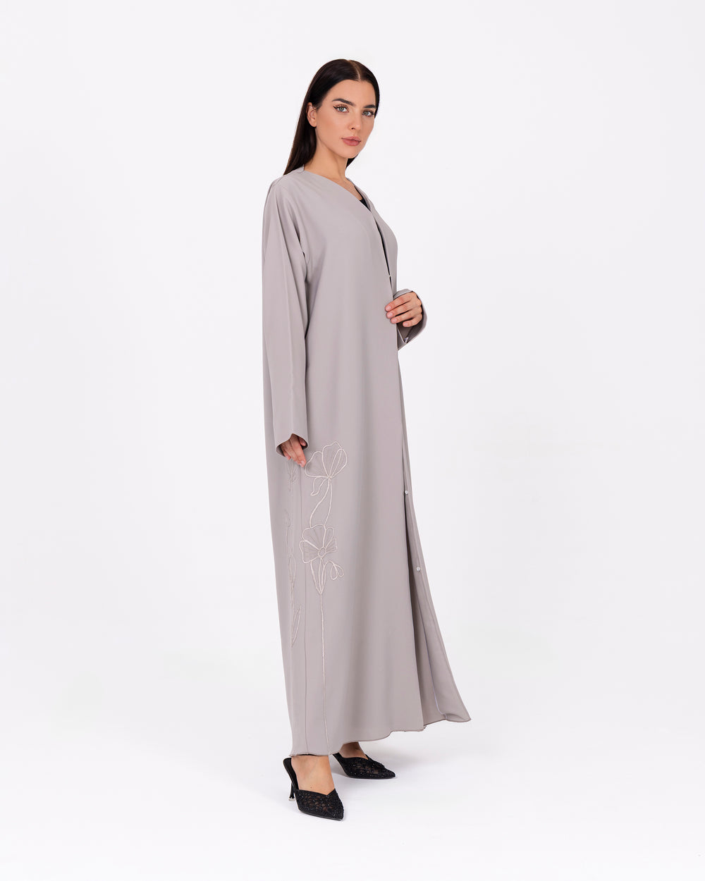 Beige Abaya with Applique Flowers & Detailed Beadwork