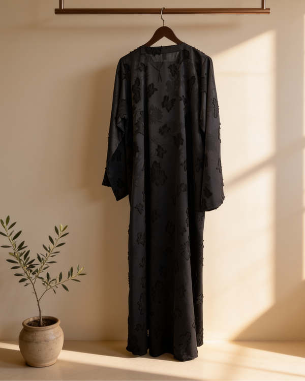 Heritage Threads Abaya - Black floral jacquard fabric wirh Frayed Threads