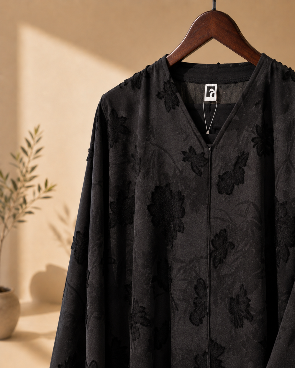 Heritage Threads Abaya - Black floral jacquard fabric wirh Frayed Threads