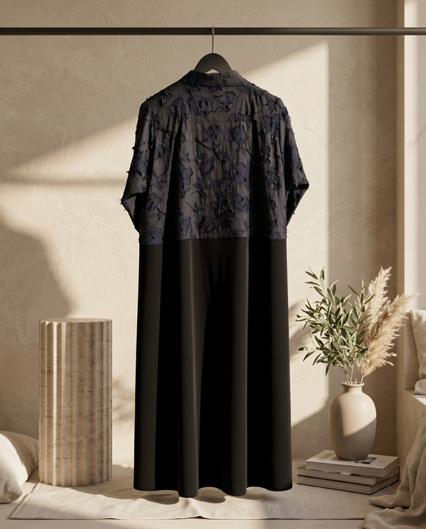 Heritage Threads Abaya - Black Abaya with Floral Lace Contrast Yoke