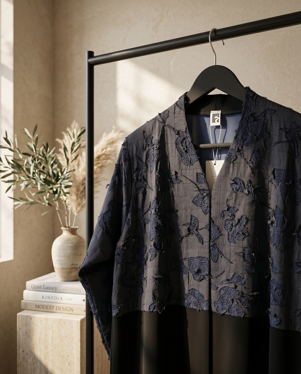 Heritage Threads Abaya - Black Abaya with Floral Lace Contrast Yoke