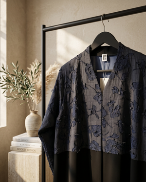 Heritage Threads Abaya - Black Abaya with Floral Lace Contrast Yoke