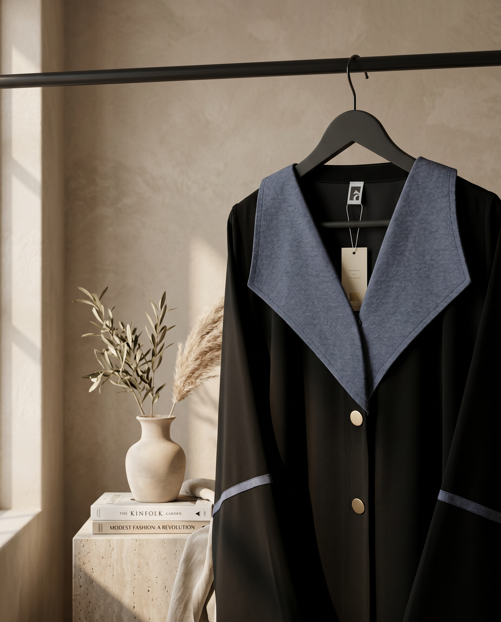 Heritage Threads Abaya - Black linen abaya with an oversized contrast collar