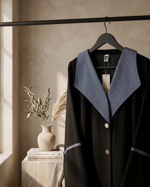 Heritage Threads Abaya - Black linen abaya with an oversized contrast collar