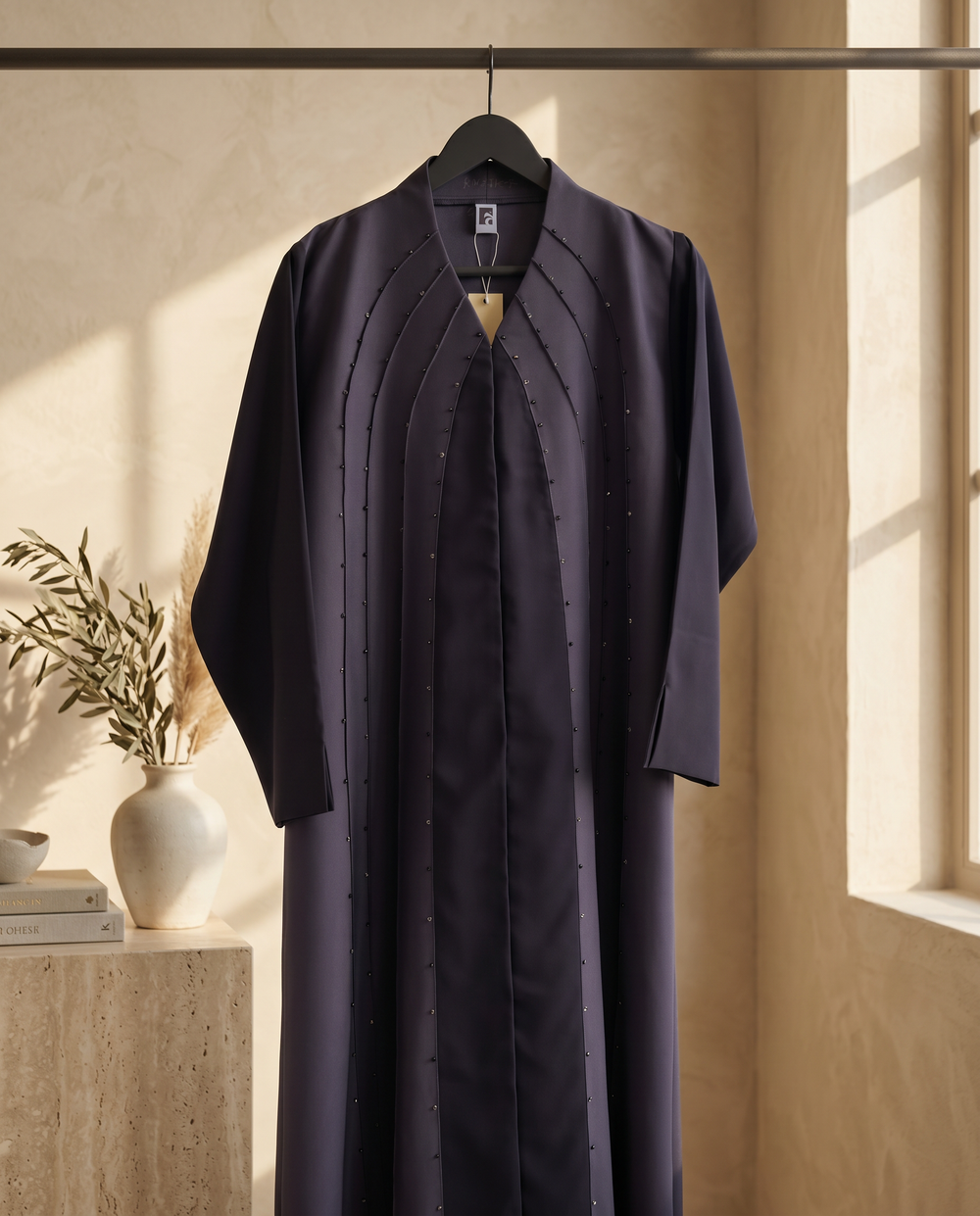 Heritage Threads Abaya - Black Abaya with Crystal-Studded Arched Panel Seams in Korea Satin Fabric