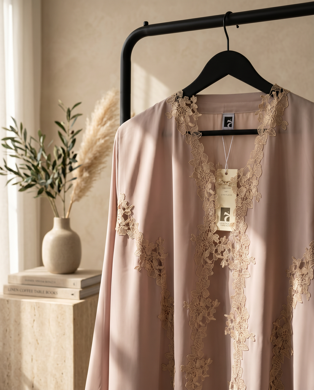 Heritage Threads Abaya - Blush Pink Abaya with Champagne Guipure Lace Trim