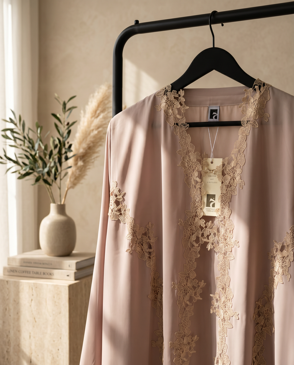 Heritage Threads Abaya - Blush Pink Abaya with Champagne Guipure Lace Trim