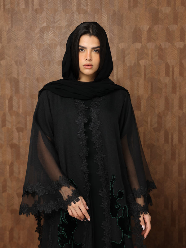 Heritage Threads Abaya - Green Floral Lace Occassional Abaya