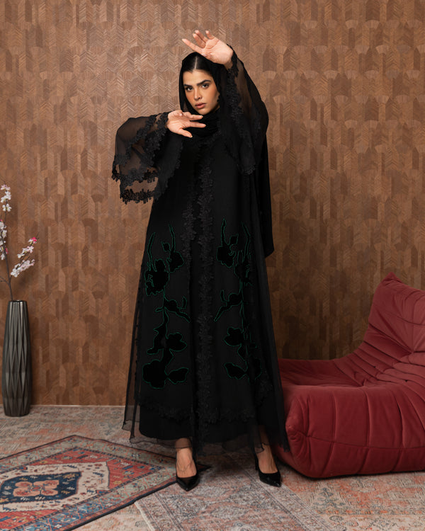Heritage Threads Abaya - Green Floral Lace Occassional Abaya