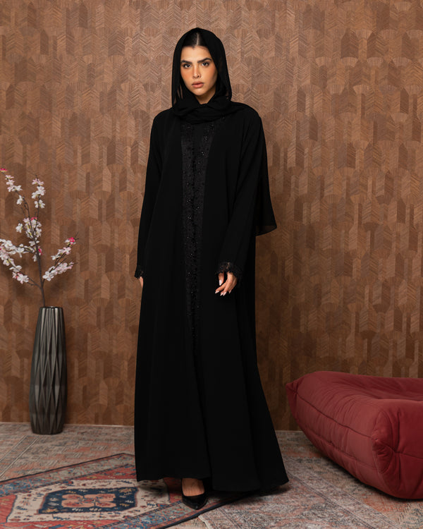 Heritage Threads Abaya - Midnight Black Hand-Beaded Border Abaya | Klosh Cut with Beaded Cuffs