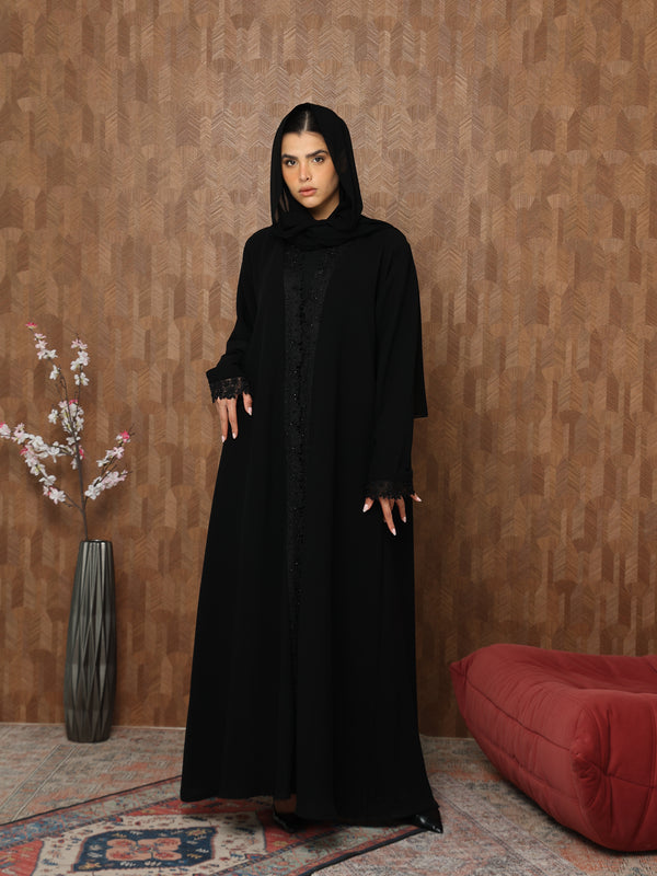 Heritage Threads Abaya - Midnight Black Hand-Beaded Border Abaya | Klosh Cut with Beaded Cuffs