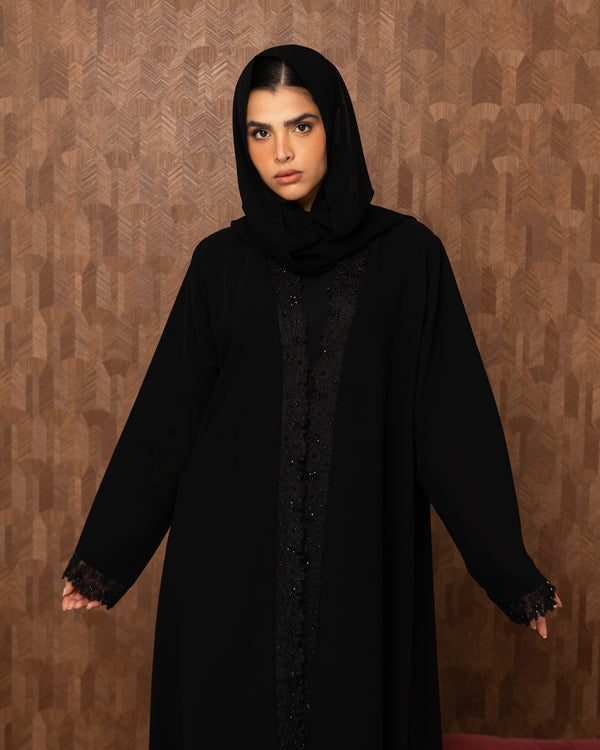 Heritage Threads Abaya - Midnight Black Hand-Beaded Border Abaya | Klosh Cut with Beaded Cuffs