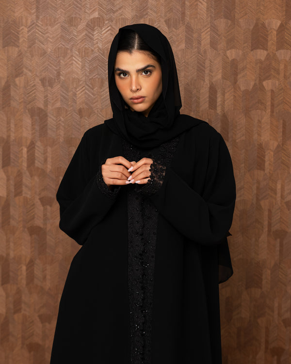 Heritage Threads Abaya - Midnight Black Hand-Beaded Border Abaya | Klosh Cut with Beaded Cuffs