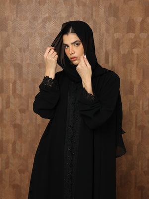 Heritage Threads Abaya - Midnight Black Hand-Beaded Border Abaya | Klosh Cut with Beaded Cuffs