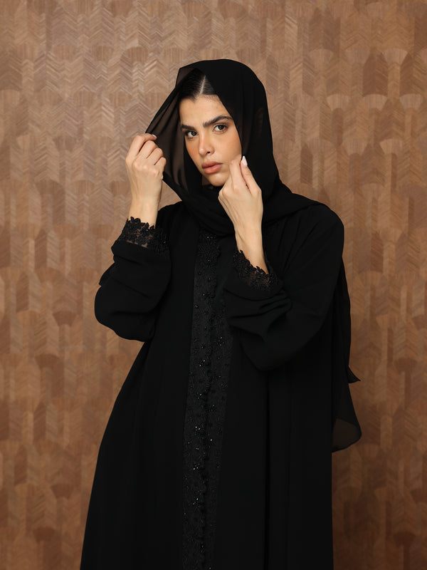 Heritage Threads Abaya - Midnight Black Hand-Beaded Border Abaya | Klosh Cut with Beaded Cuffs