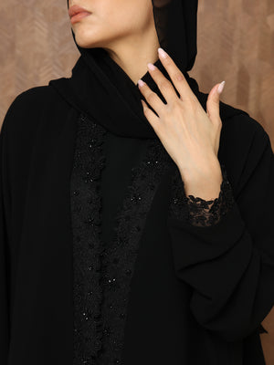 Heritage Threads Abaya - Midnight Black Hand-Beaded Border Abaya | Klosh Cut with Beaded Cuffs