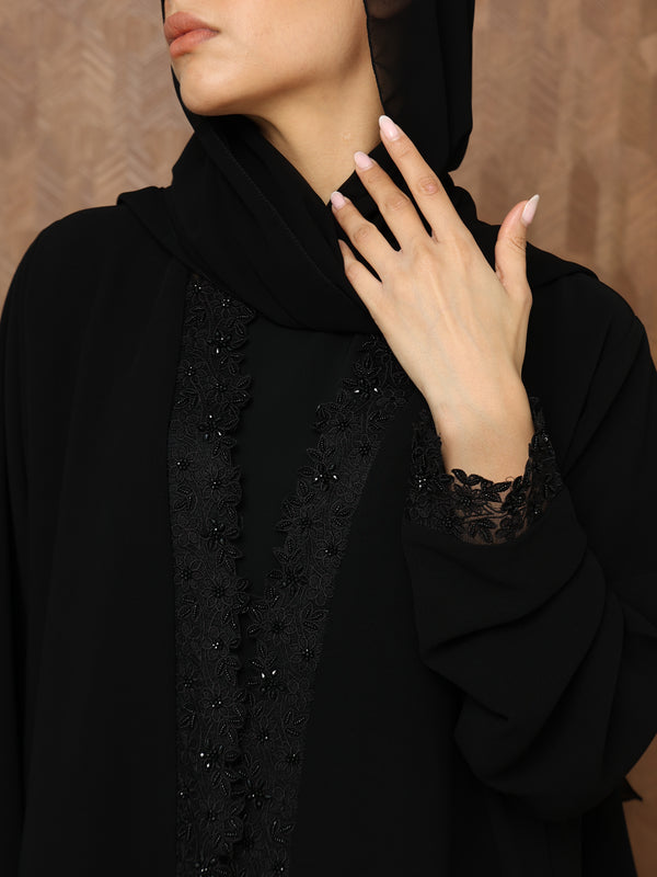Heritage Threads Abaya - Midnight Black Hand-Beaded Border Abaya | Klosh Cut with Beaded Cuffs