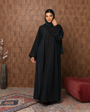 Heritage Threads Abaya - Dark Teal Floral Embroidered Front-Panel Abaya | Klosh Cut with Beaded Cuffs