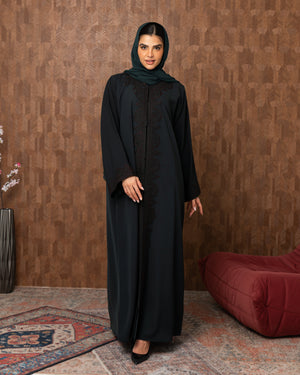 Heritage Threads Abaya - Dark Teal Floral Embroidered Front-Panel Abaya | Klosh Cut with Beaded Cuffs