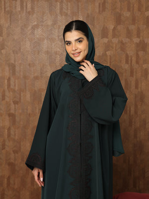 Heritage Threads Abaya - Dark Teal Floral Embroidered Front-Panel Abaya | Klosh Cut with Beaded Cuffs