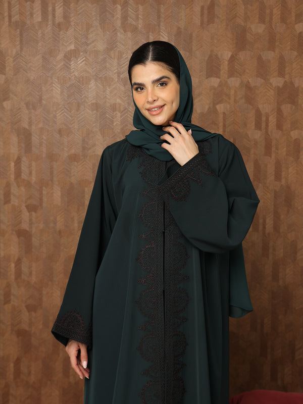 Heritage Threads Abaya - Dark Teal Floral Embroidered Front-Panel Abaya | Klosh Cut with Beaded Cuffs