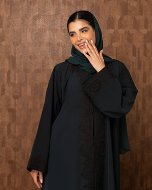 Heritage Threads Abaya - Dark Teal Floral Embroidered Front-Panel Abaya | Klosh Cut with Beaded Cuffs