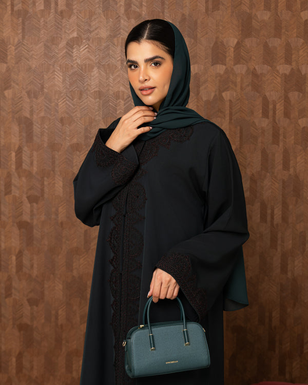Heritage Threads Abaya - Dark Teal Floral Embroidered Front-Panel Abaya | Klosh Cut with Beaded Cuffs