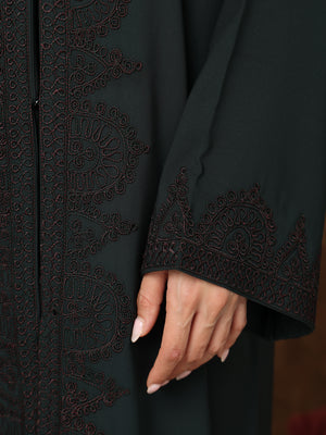 Heritage Threads Abaya - Dark Teal Floral Embroidered Front-Panel Abaya | Klosh Cut with Beaded Cuffs