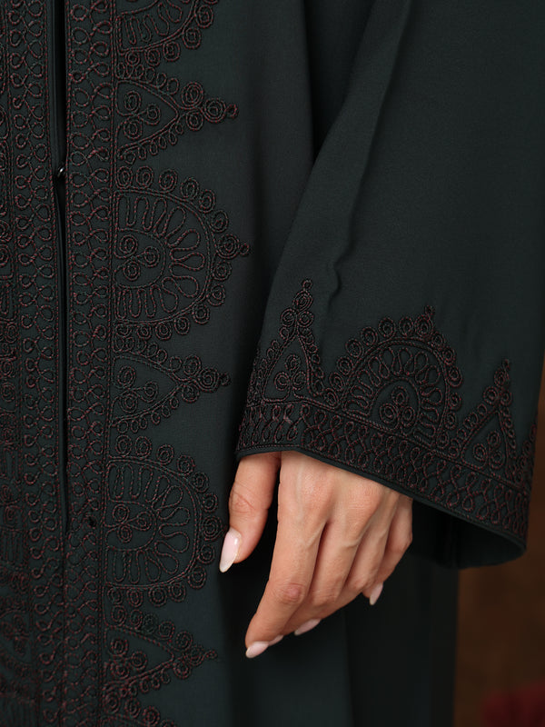 Heritage Threads Abaya - Dark Teal Floral Embroidered Front-Panel Abaya | Klosh Cut with Beaded Cuffs