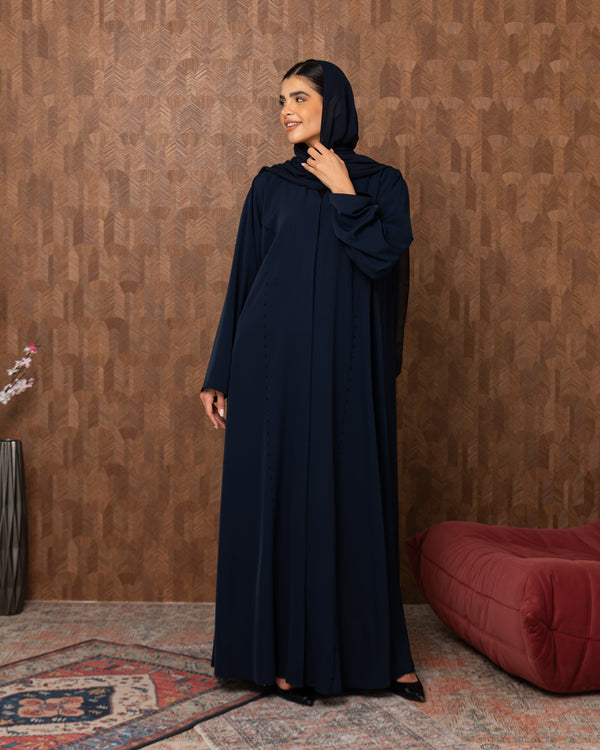 Heritage Threads Abaya - Navy Blue Subtle Beadwork & Pleated Front Abaya | Klosh Cut with Matching Sheila
