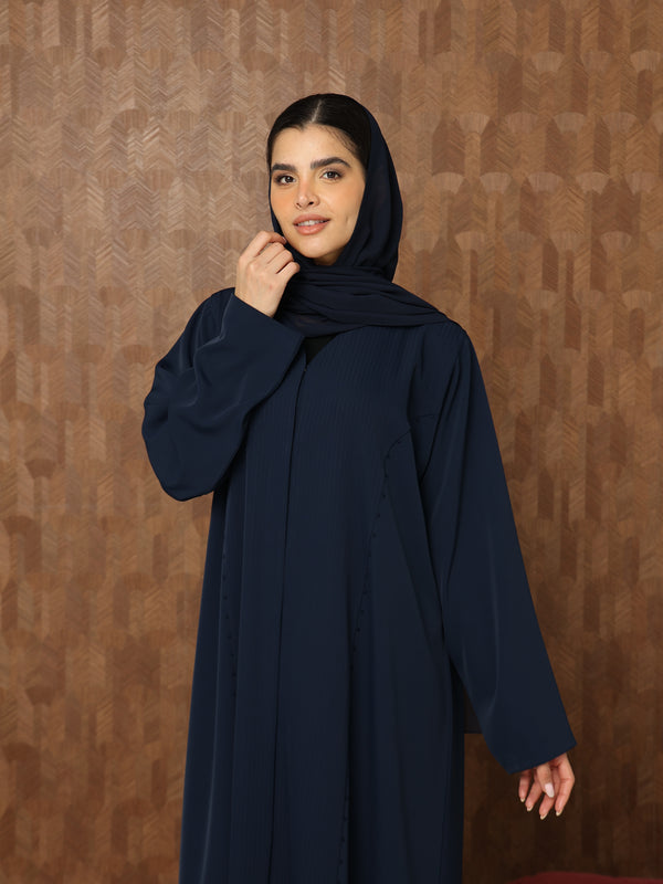 Heritage Threads Abaya - Navy Blue Subtle Beadwork & Pleated Front Abaya | Klosh Cut with Matching Sheila