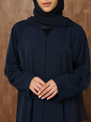 Heritage Threads Abaya - Navy Blue Subtle Beadwork & Pleated Front Abaya | Klosh Cut with Matching Sheila