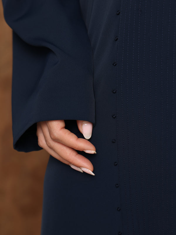 Heritage Threads Abaya - Navy Blue Subtle Beadwork & Pleated Front Abaya | Klosh Cut with Matching Sheila