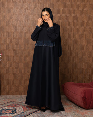 Heritage Threads Abaya - Midnight Navy Crystal Fringe Waistband Abaya | Klosh Cut