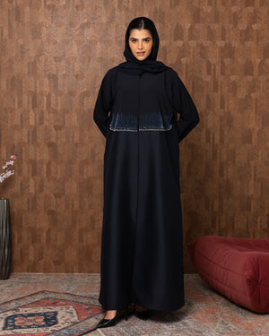 Heritage Threads Abaya - Midnight Navy Crystal Fringe Waistband Abaya | Klosh Cut
