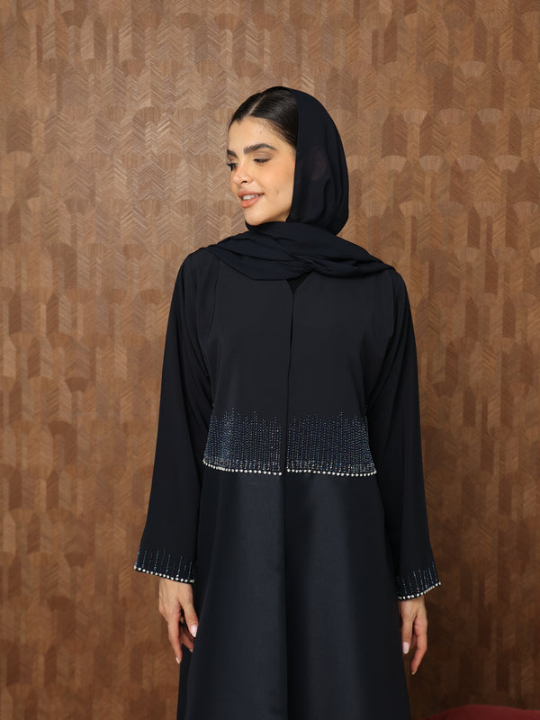 Heritage Threads Abaya - Midnight Navy Crystal Fringe Waistband Abaya | Klosh Cut