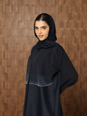 Heritage Threads Abaya - Midnight Navy Crystal Fringe Waistband Abaya | Klosh Cut