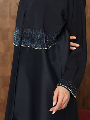 Heritage Threads Abaya - Midnight Navy Crystal Fringe Waistband Abaya | Klosh Cut