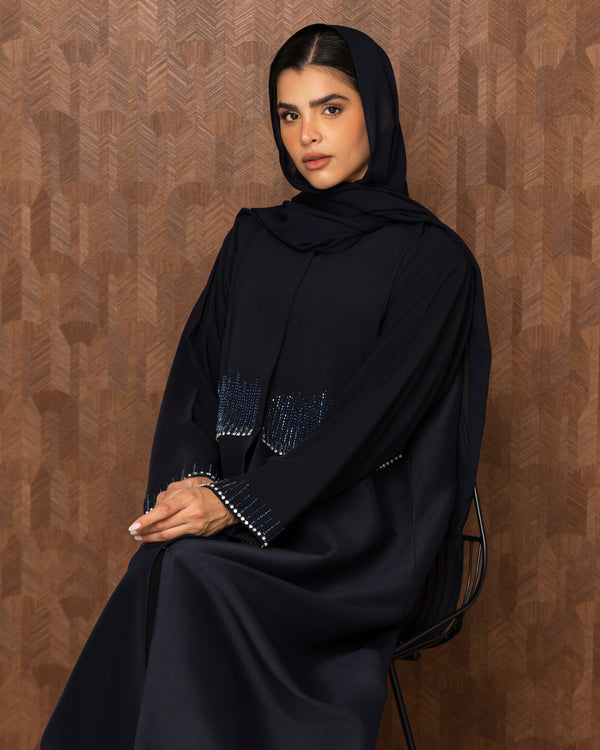 Heritage Threads Abaya - Midnight Navy Crystal Fringe Waistband Abaya | Klosh Cut
