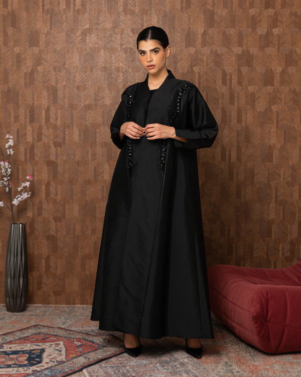 Heritage Threads Abaya - Onyx Pearl & Bead Trimmed Abaya | Klosh Silhouette in Luminous Fabric
