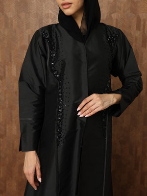 Heritage Threads Abaya - Onyx Pearl & Bead Trimmed Abaya | Klosh Silhouette in Luminous Fabric