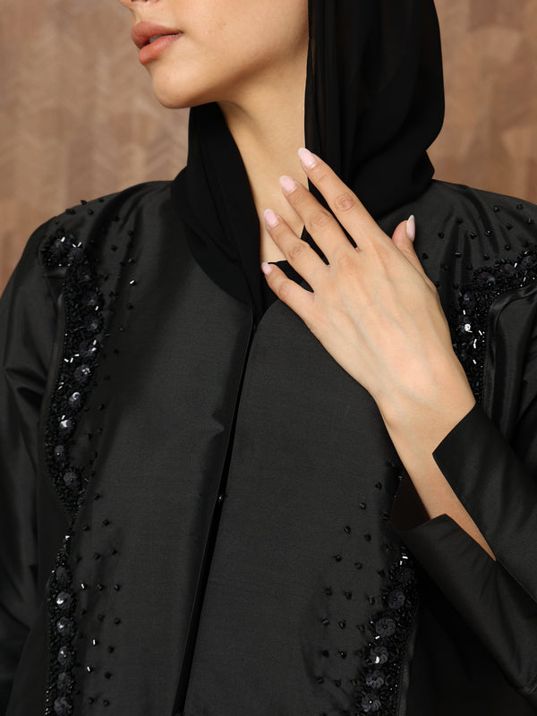 Heritage Threads Abaya - Onyx Pearl & Bead Trimmed Abaya | Klosh Silhouette in Luminous Fabric