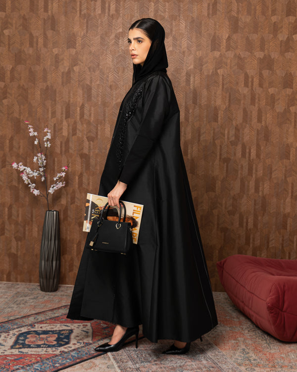 Heritage Threads Abaya - Onyx Pearl & Bead Trimmed Abaya | Klosh Silhouette in Luminous Fabric